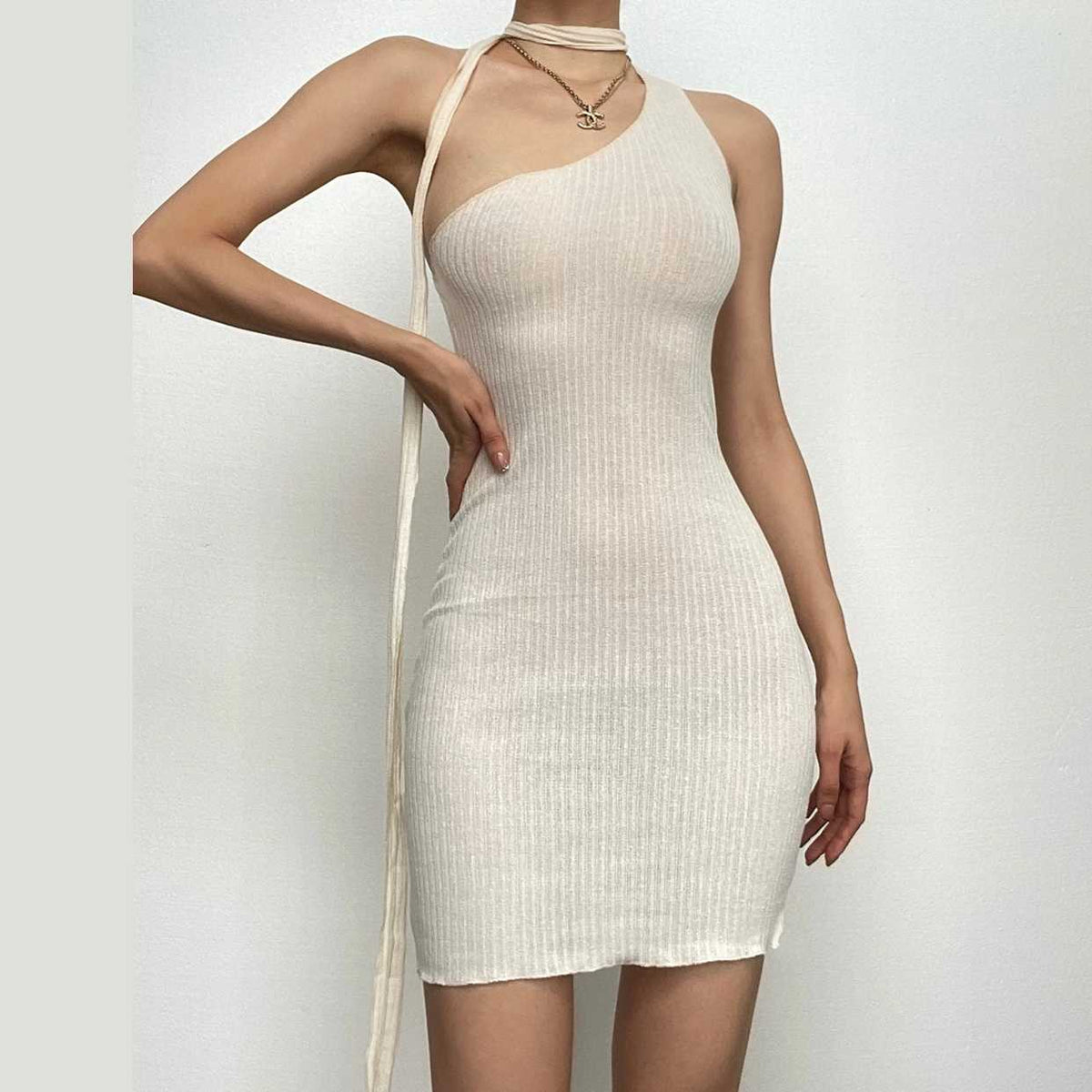 One Shoulder Ribbed Knit Choker Strap Bodycon Mini Dress