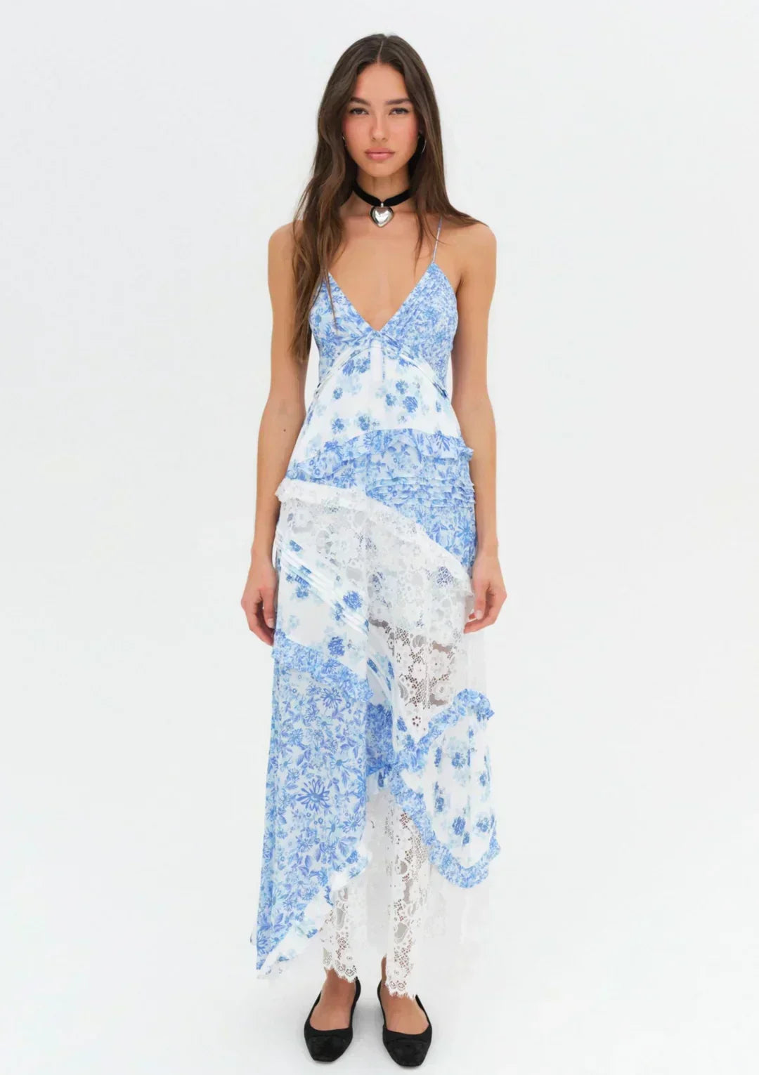 Plunging V-Neck Spaghetti Strap Floral Lace Panel Handkerchief Maxi Dress