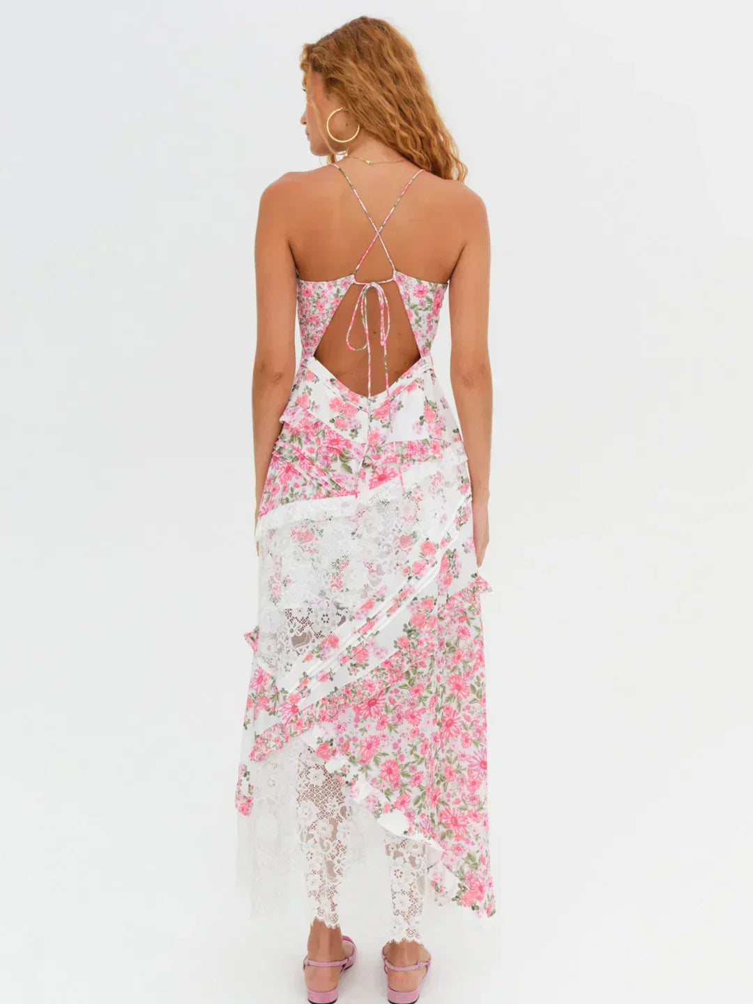 Plunging V-Neck Spaghetti Strap Floral Lace Panel Handkerchief Maxi Dress 9