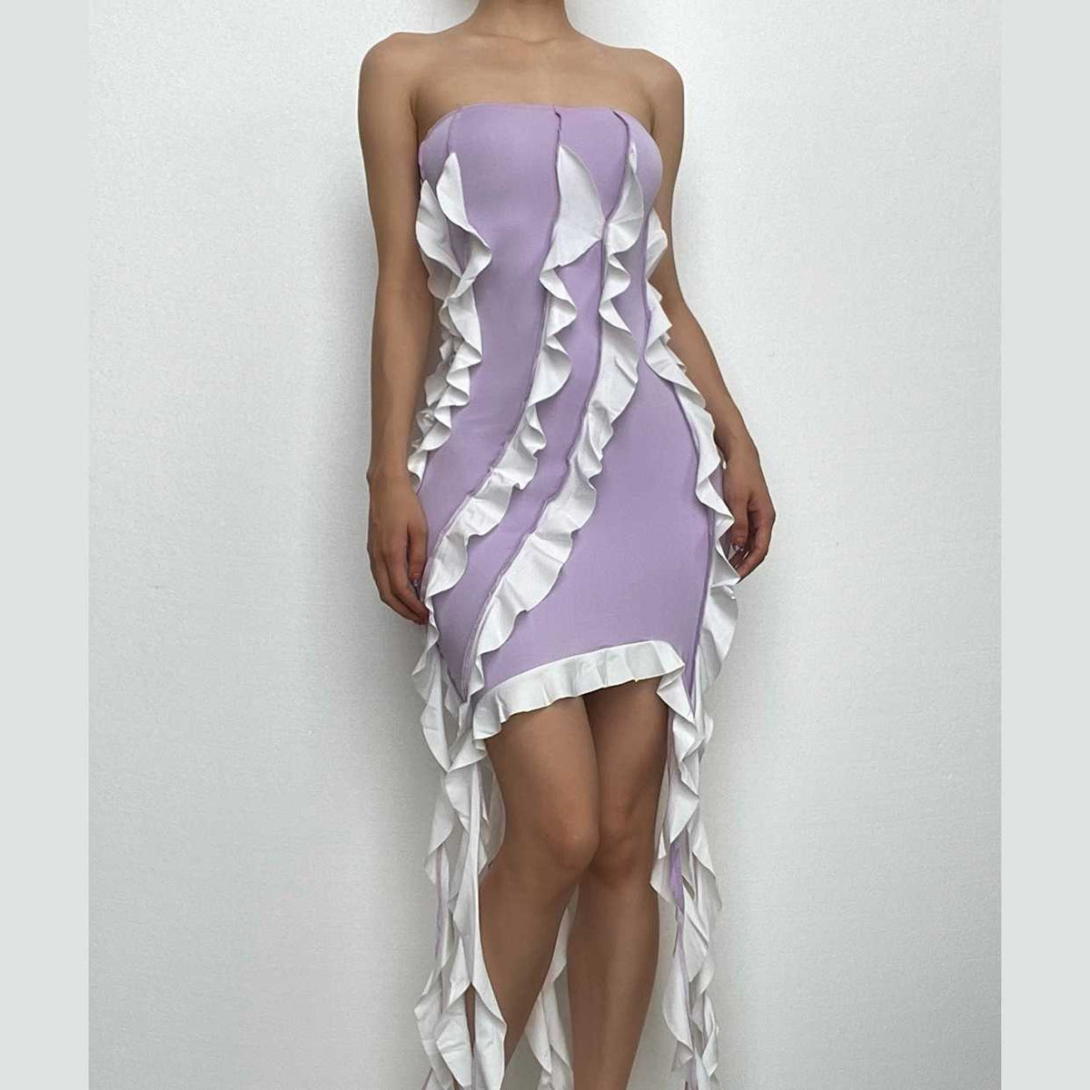 Strapless Contrast Ruffle Column Handkerchief Hem Tube Mini Dress