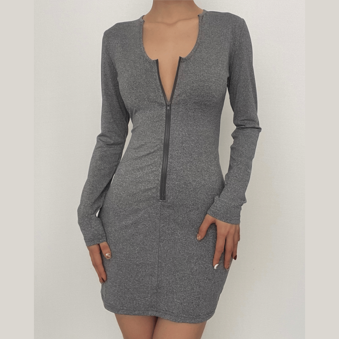 Front Zip Deep V Long Sleeve Bodycon Mini Dress
