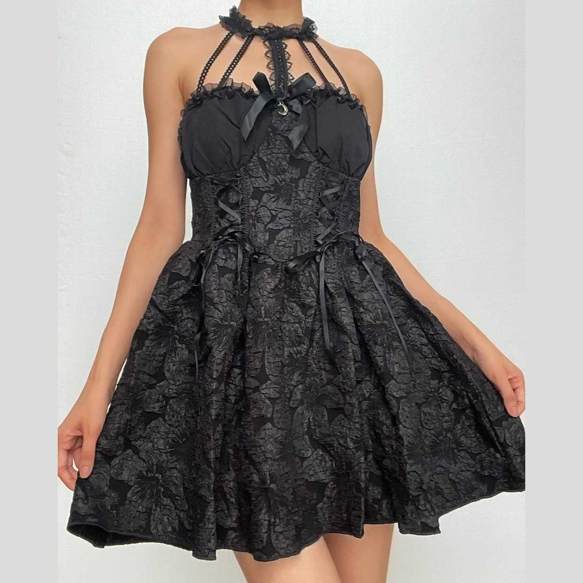 Halter Jacquard Lace Up Milkmaid Collar Crescent Charm Mini Dress
