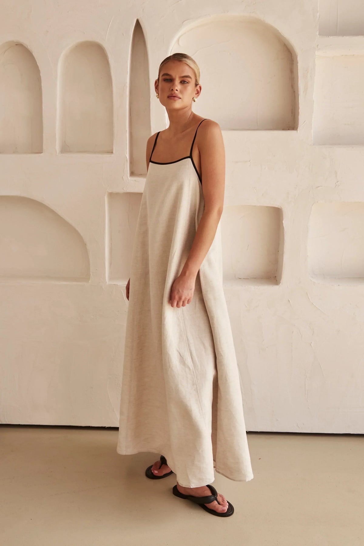 Square Neck Thin Strap Contrast Piping Linen A-Line Maxi Dress 6