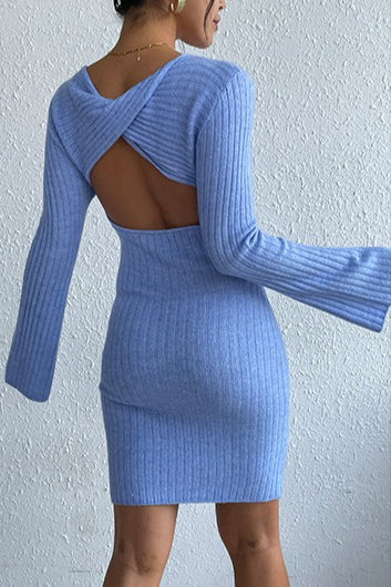 Rib Knit Scoop Neck Flare Sleeve Backless Bodycon Mini Sweater Dress 4