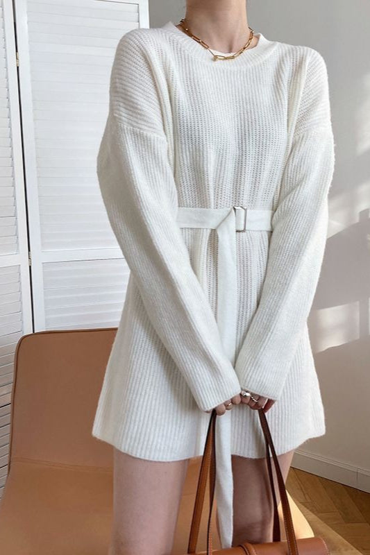 Rib Knit Belted Square Buckle Balloon Sleeve Sweater Mini Dress 12