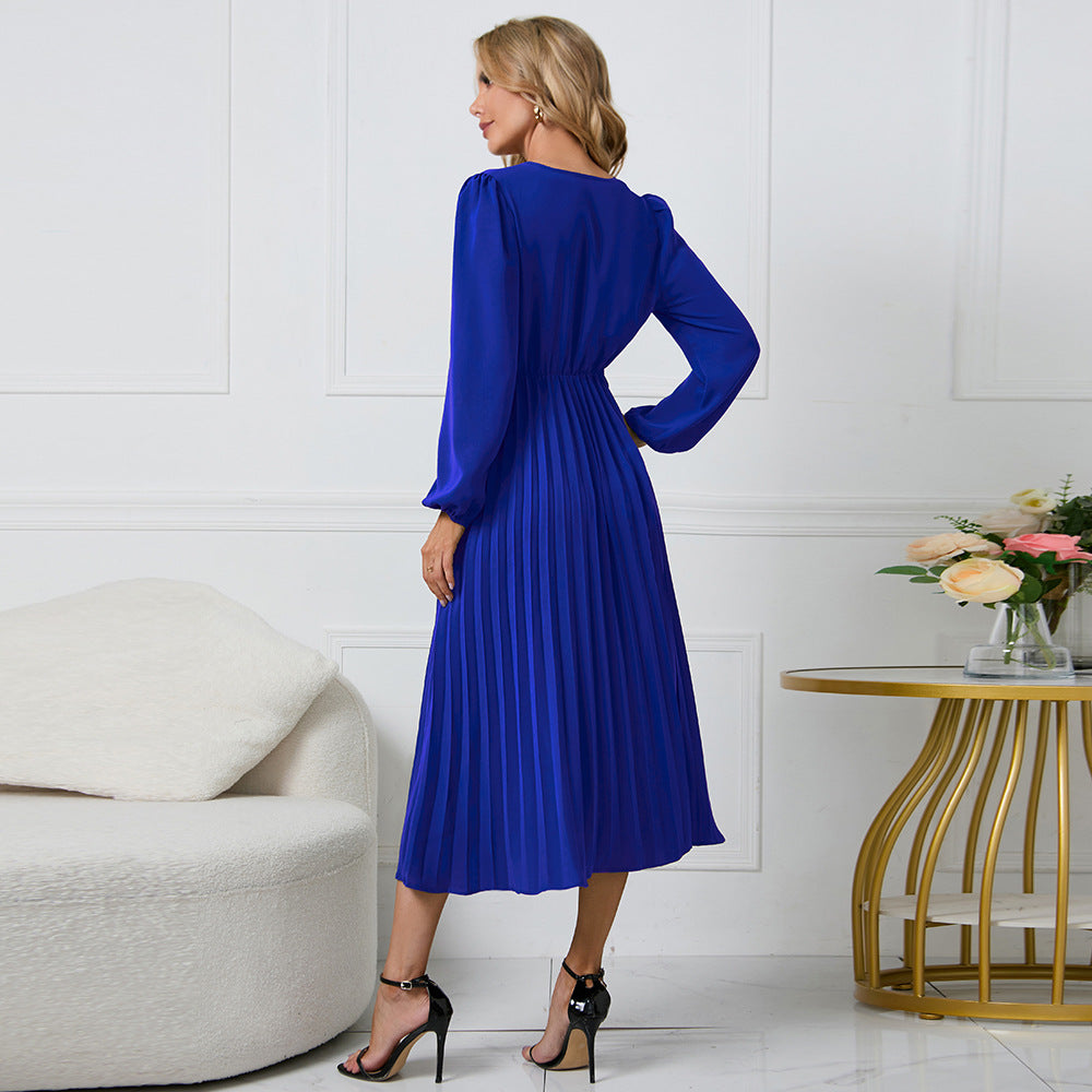 Wrap Surplice V-Neck Bishop Sleeve Sunray Pleated Belted Midi Dress 4
