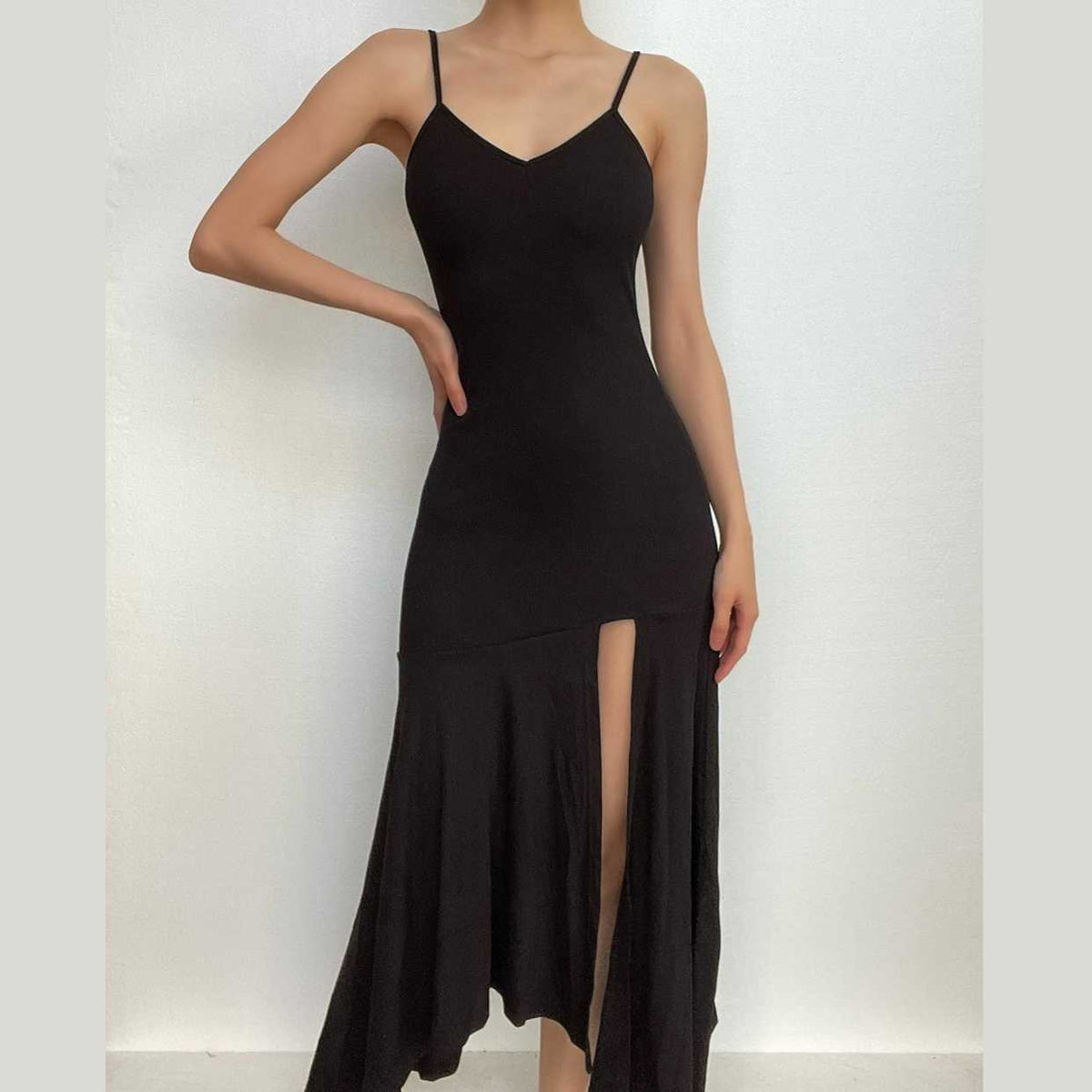 Spaghetti Strap V Neck Ruched Ruffle Hem High Slit Maxi Dress