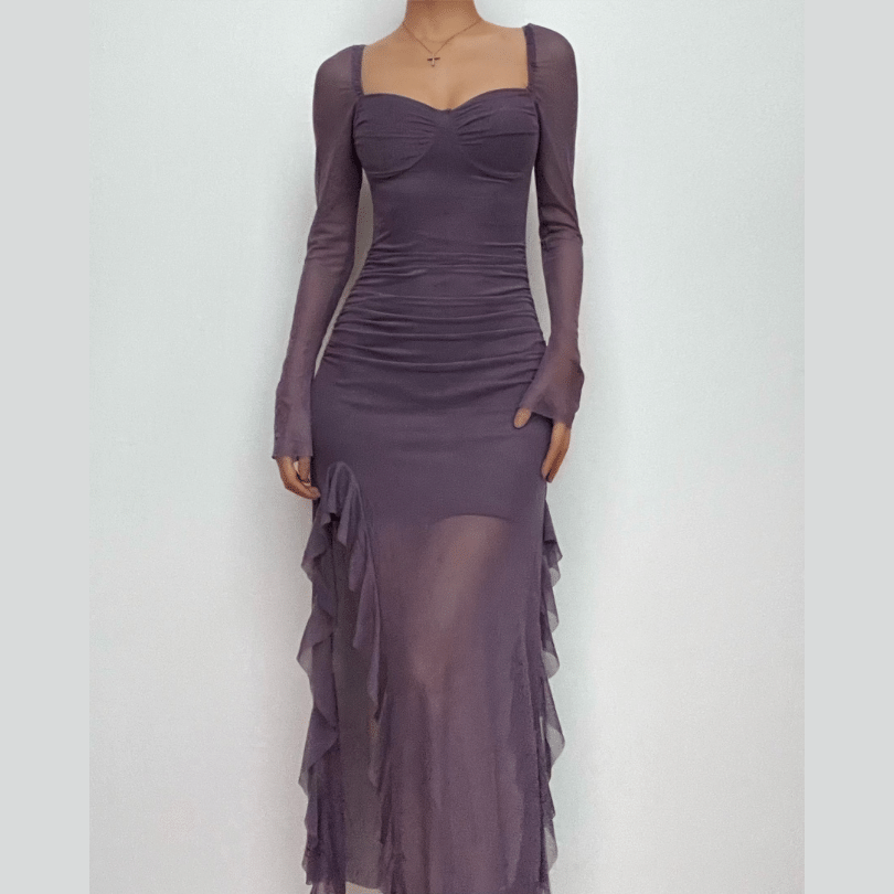Long Sleeve Mesh Ruffle Self Tie Slit Maxi Dress