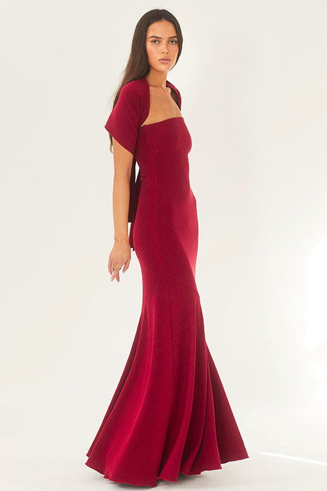 Strapless Rib Knit Neck Scarf Trumpet Hem Mermaid Maxi Gown 3