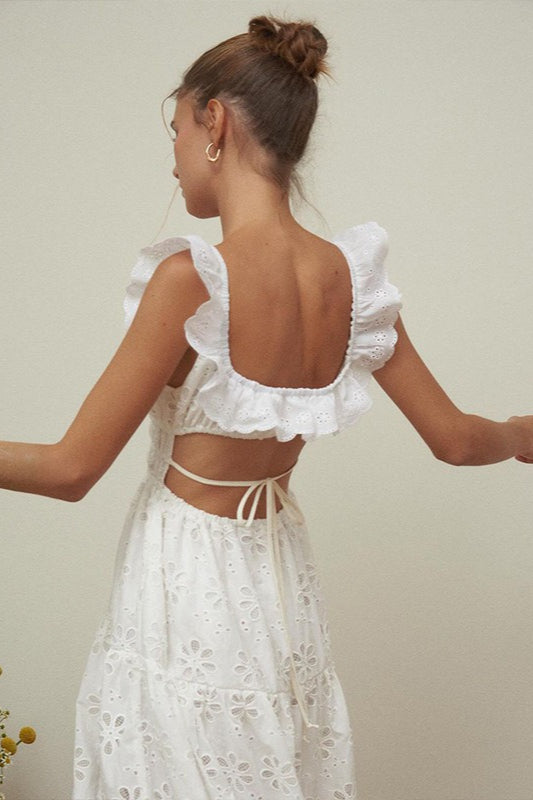 Eyelet Floral Lace Ruffled Square Neck Smocked Waist Tiered High Split Maxi Dress 4