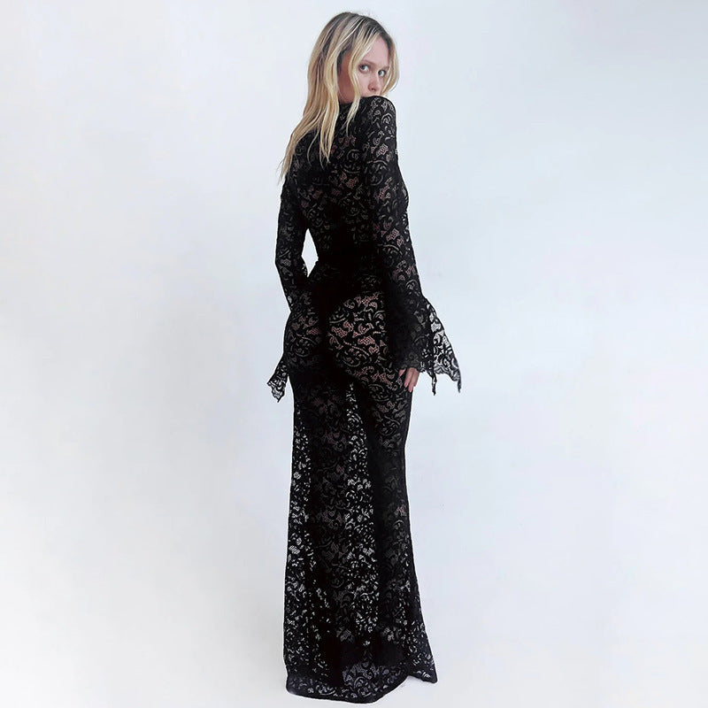 Lace Deep V-Neck Bell Sleeve Mermaid Maxi Dress 7