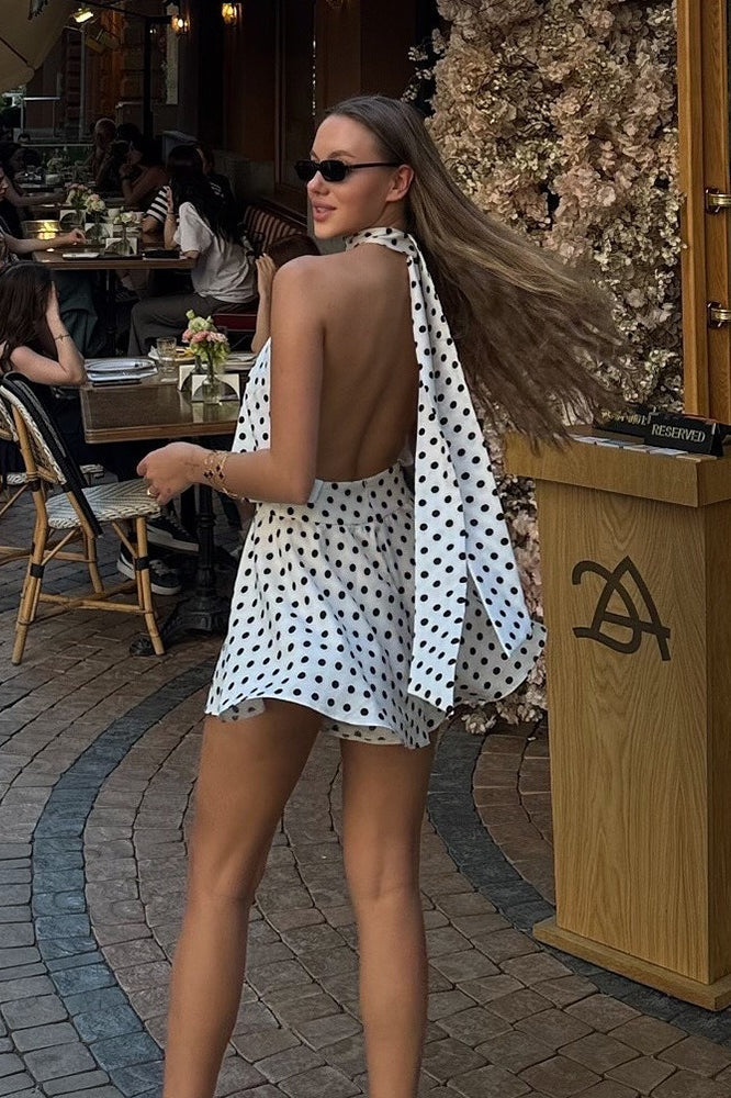 Polka Dot Halter Neck Backless Top and Mini Skirt Two Piece Set 2