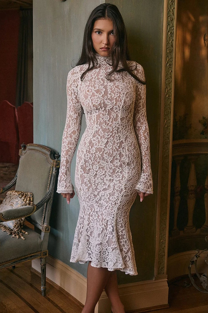 Floral Lace Mock Neck Bell Sleeve Mermaid Hem Midi Dress
