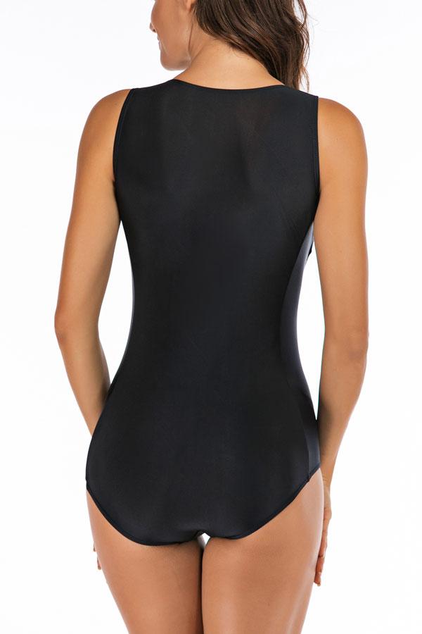 Zipper Up Solid Black Surfing Swimwear