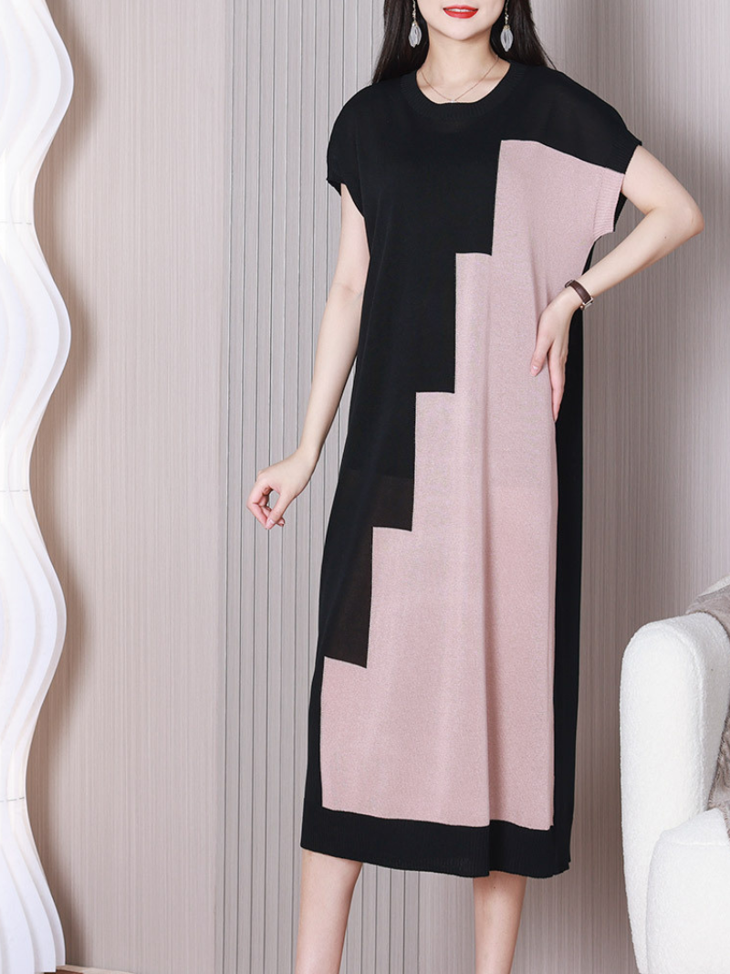 Crew Neck Short Sleeve Asymmetrical Color Block Knit Midi Sweater Dress 2