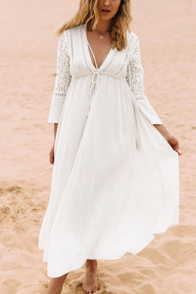 White Plunge Lace Drawstring Boho Beach Cover Up Maxi Dress