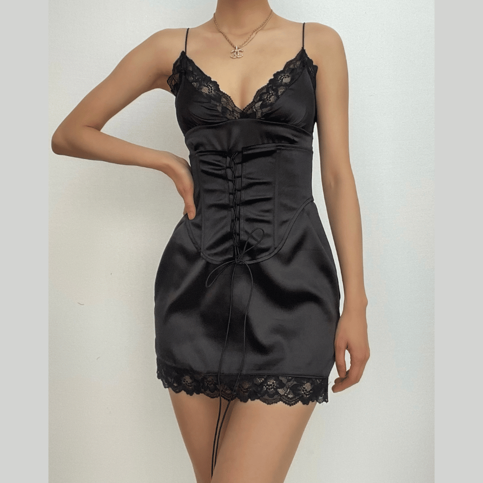 Deep V Lace Trim Lace Up Corset Spaghetti Strap Mini Dress