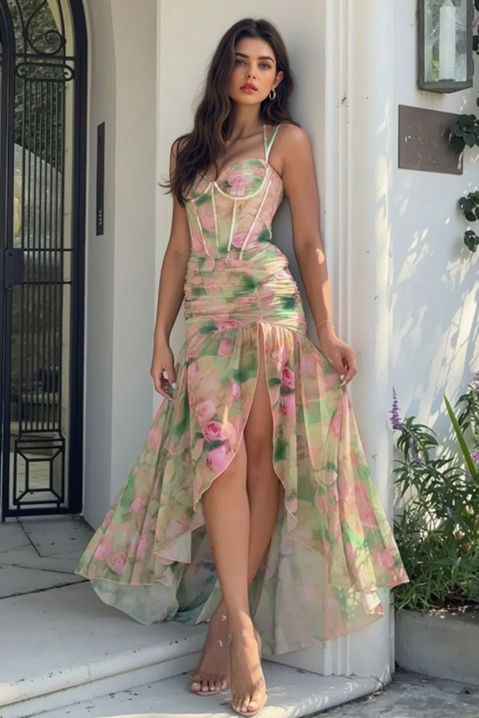 Corset Sweetheart Ruched Floral Mesh High Slit Gown