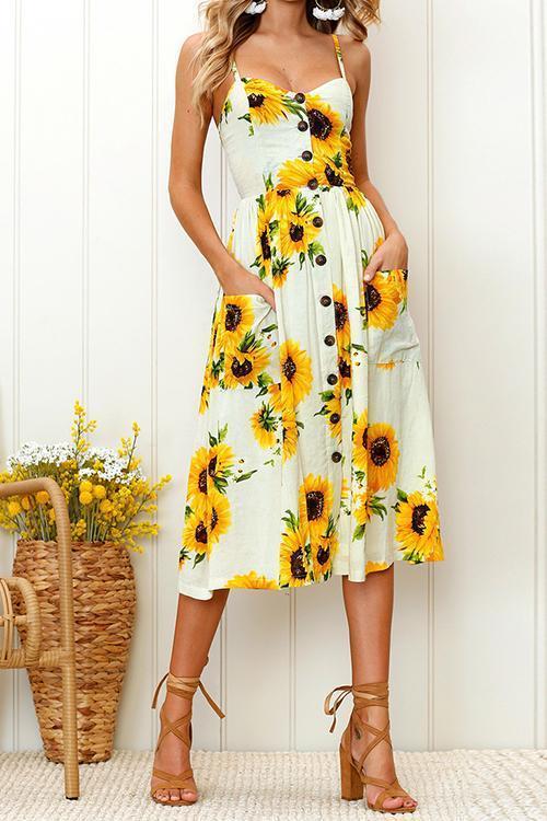 Sunflower Pineapple Pattern Sling Open Back Sexy Dress