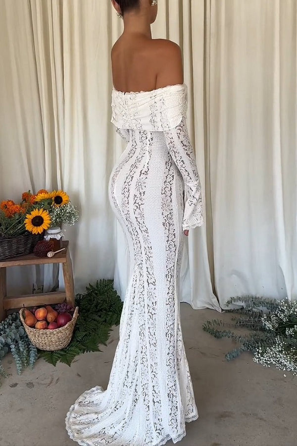 Floral Lace Off Shoulder Bell Sleeve Mermaid Maxi Dress 5