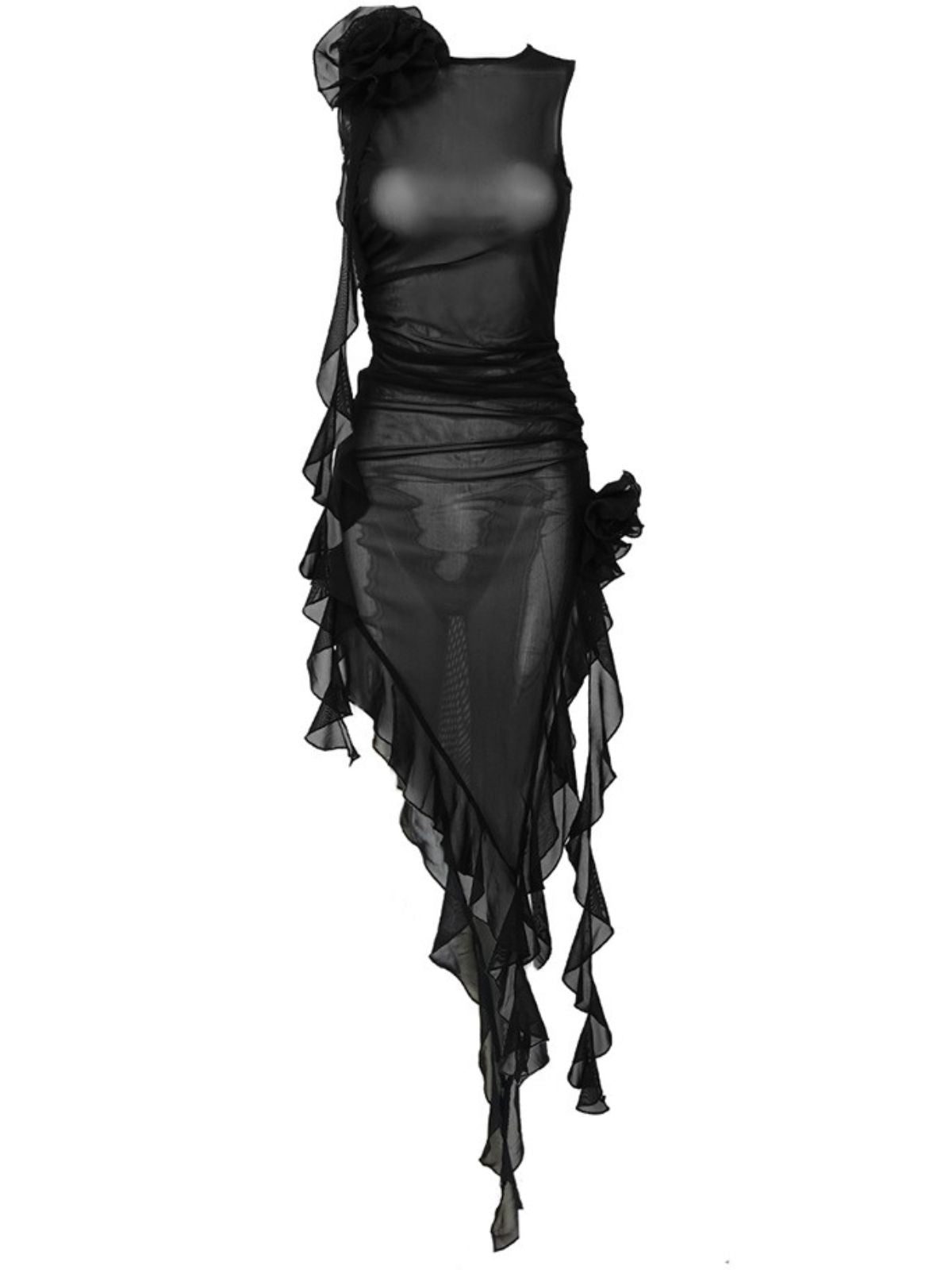 Crew Neck Mesh 3D Floral Rosette Asymmetric Ruffle Mini Dress 6
