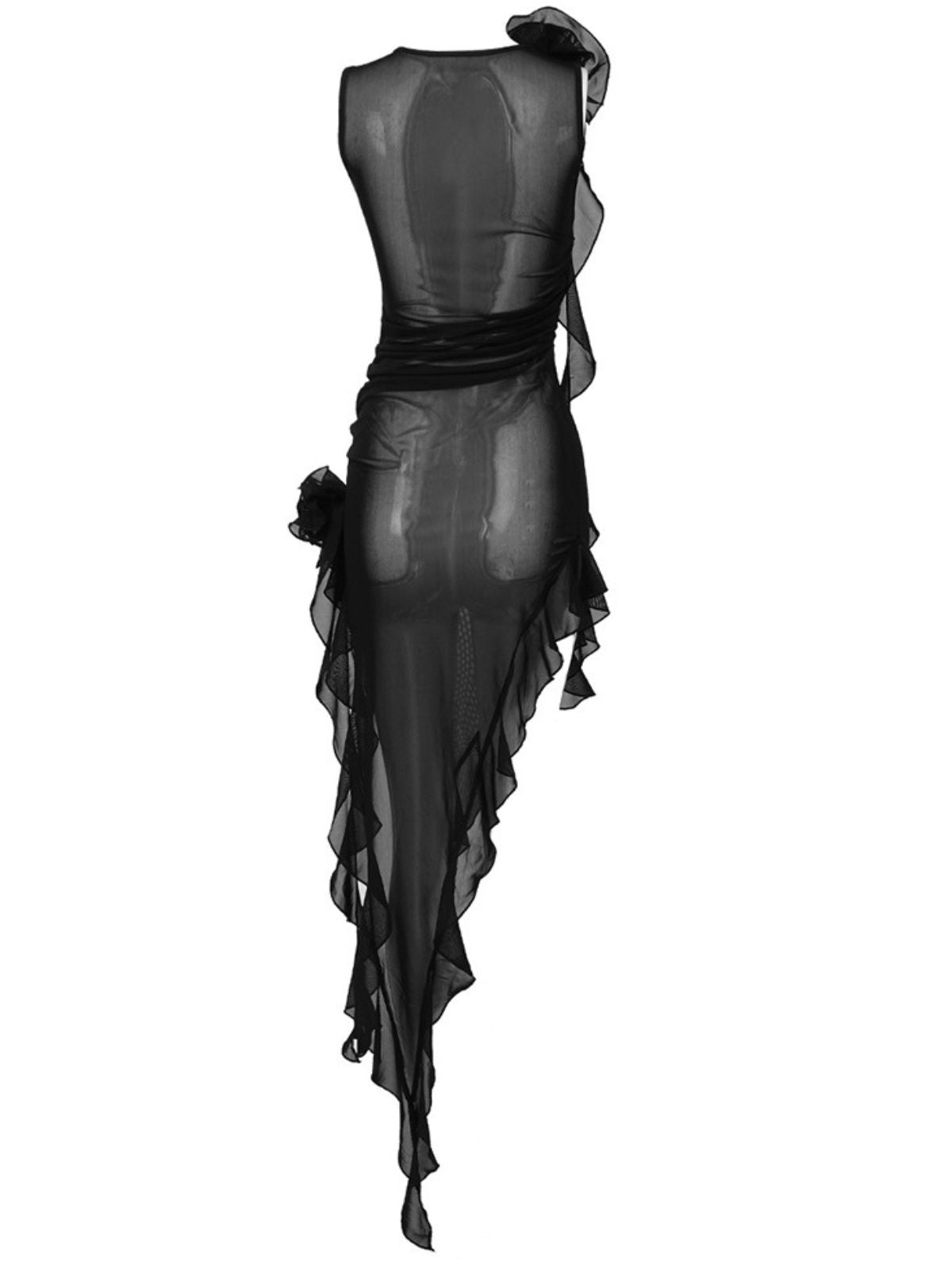 Crew Neck Mesh 3D Floral Rosette Asymmetric Ruffle Mini Dress 7