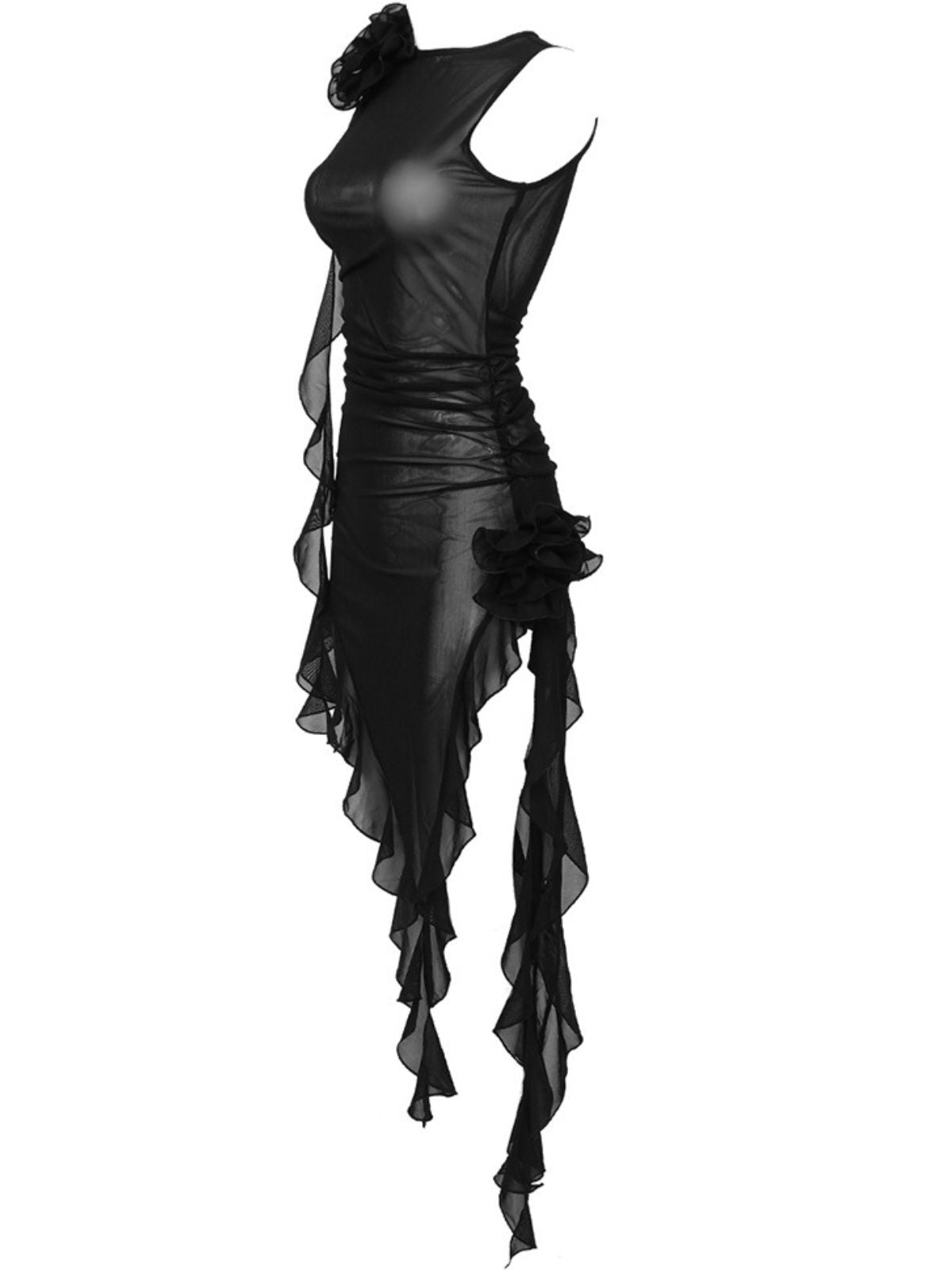 Crew Neck Mesh 3D Floral Rosette Asymmetric Ruffle Mini Dress 8