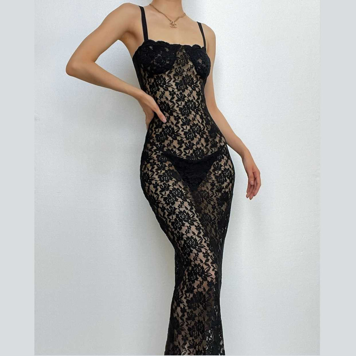 Floral Lace Corset Bodice Spaghetti Strap Sheer Maxi Dress