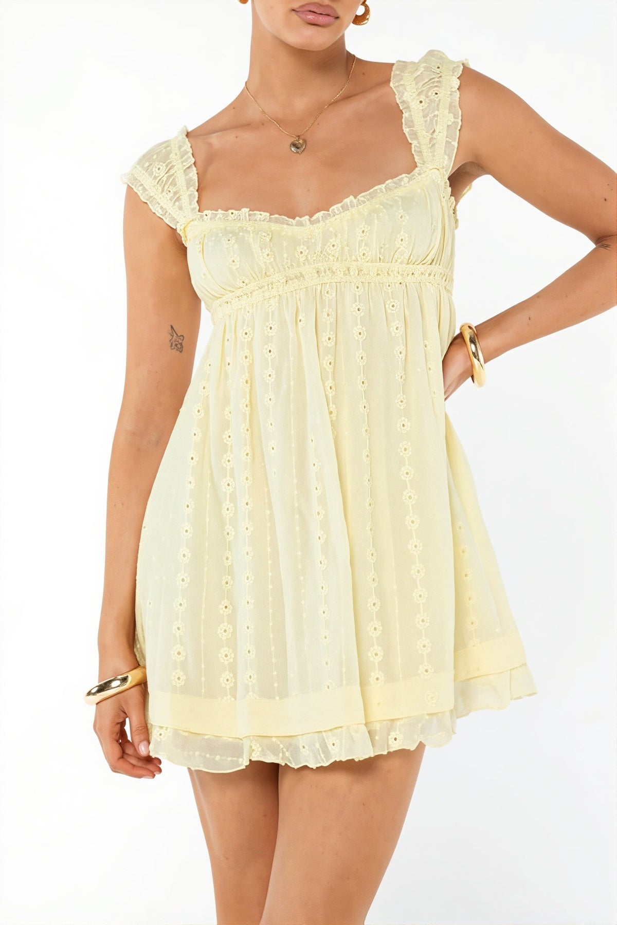 Square Neck Ruffle Strap Eyelet Embroidered Empire Waist Mini Dress