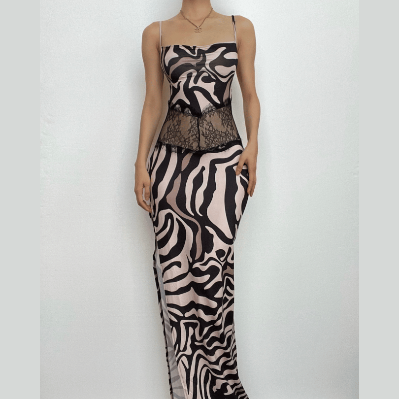 Square Neck Spaghetti Strap Lace Waistband Zebra Print Side Slit Maxi Dress