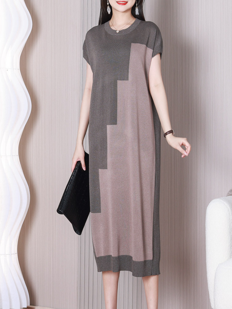 Crew Neck Short Sleeve Asymmetrical Color Block Knit Midi Sweater Dress 4