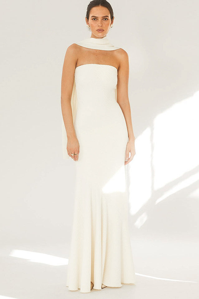 Strapless Rib Knit Neck Scarf Trumpet Hem Mermaid Maxi Gown 8