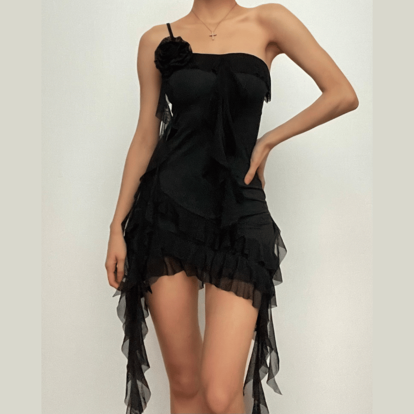 One Shoulder 3D Rosette Mesh Ruffle Asymmetric Hem Mini Dress