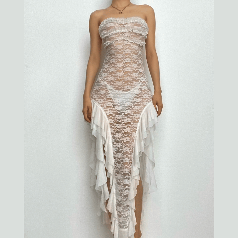 Strapless Sheer Lace Ruffle Trim Asymmetric Pointed Hem Midi Dress