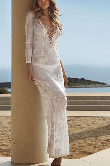 White Lace Up Crochet Sheer Slit Long Beach Cover Up Dress