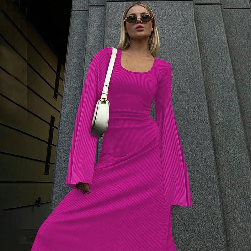 Scoop Neck Long Sleeve Bell Cuff Rib Knit Maxi Dress 2