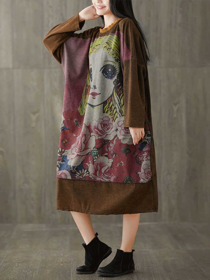 Round Neck Long Sleeve Graphic Knit Bodycon Midi Dress 7