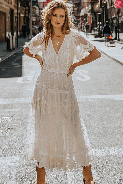 V Neck Short Sleeve Swiss Dot Lace Tiered Scalloped Hem Maxi Dress 3