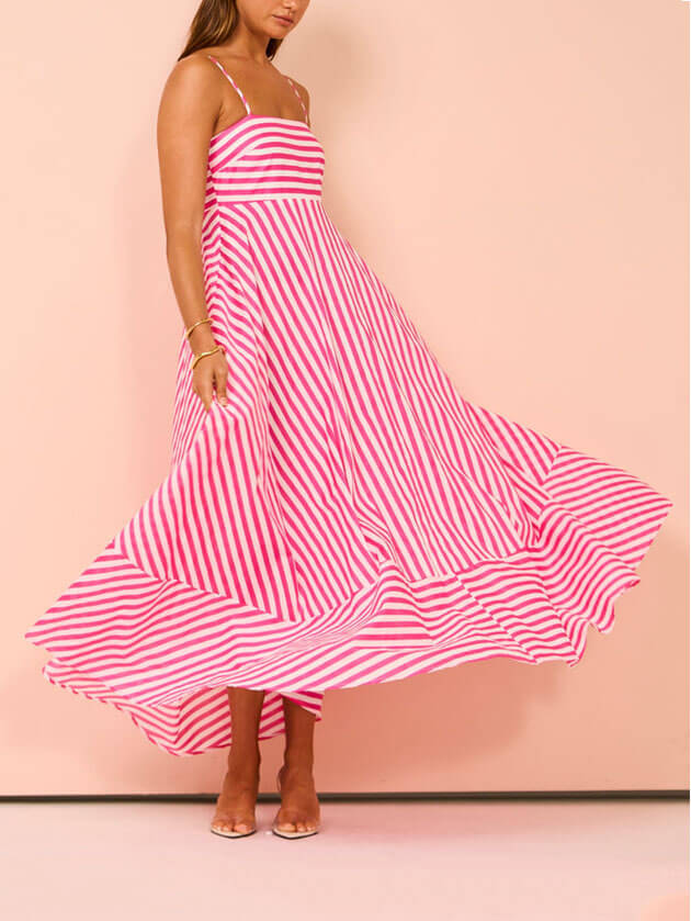 Striped Spaghetti Strap Square Neck Chevron Panel Maxi Dress 5