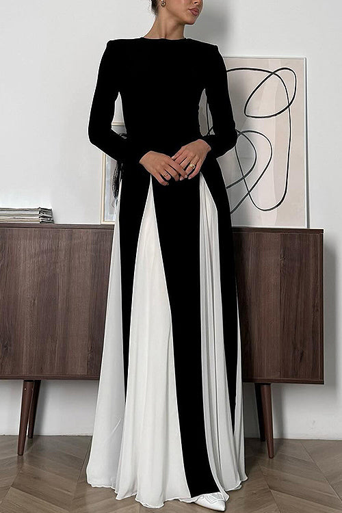 High Neck Long Sleeve Godet Pleated Panel Insert Maxi Gown