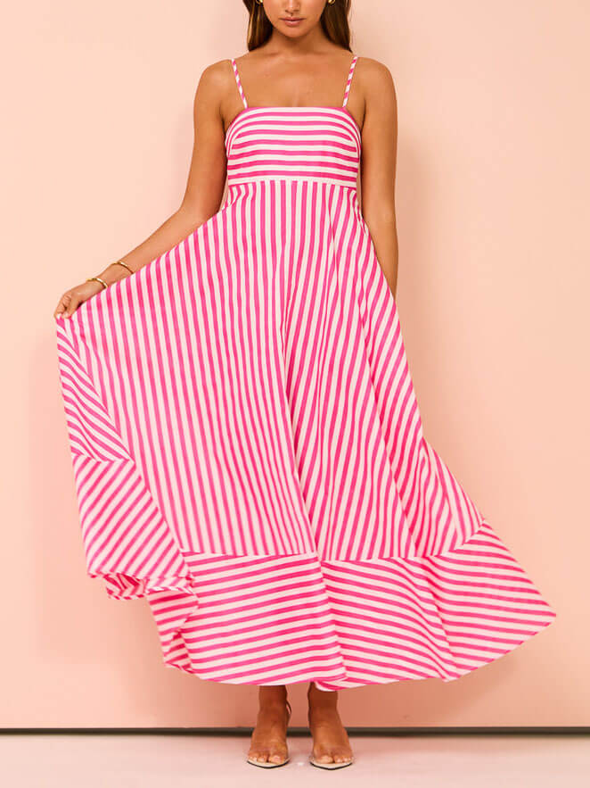 Striped Spaghetti Strap Square Neck Chevron Panel Maxi Dress 4