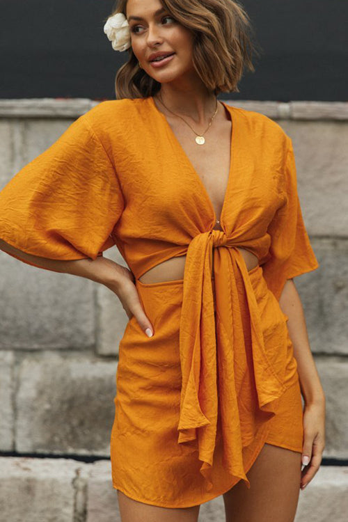Deep V Tie Front Kimono Sleeve Crop Wrap Mini Skirt Set 4