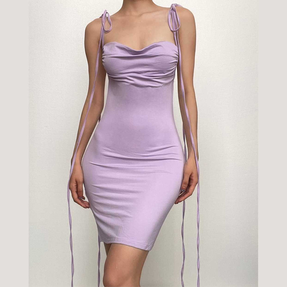 Cowl Neck Spaghetti Strap Self Tie Backless Bodycon Mini Dress