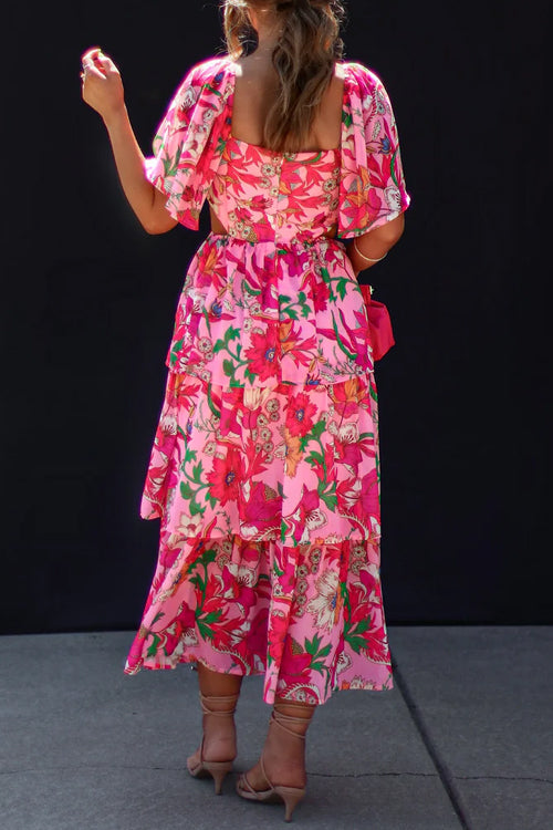 Square Neck Flutter Sleeve Waist Cutout Tiered Ruffle Floral Midi Dress 2