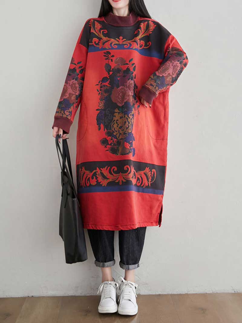 Mock Neck Art Print Oversized Midi Sweater Dress 3
