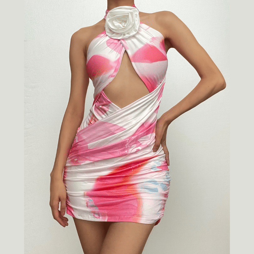 Halter Neck Flower Applique Cutout Cross Front Ruched Bodycon Mini Dress