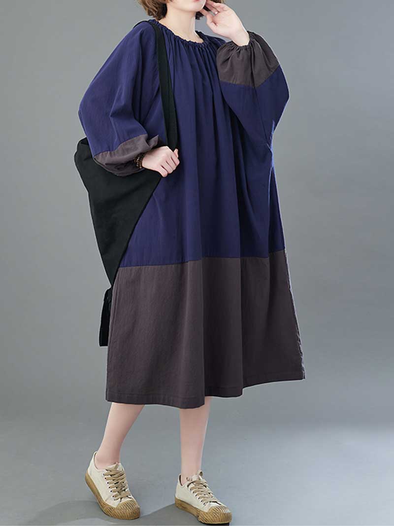 Gathered Neck Colorblock Lantern Sleeve Midi Dress 4
