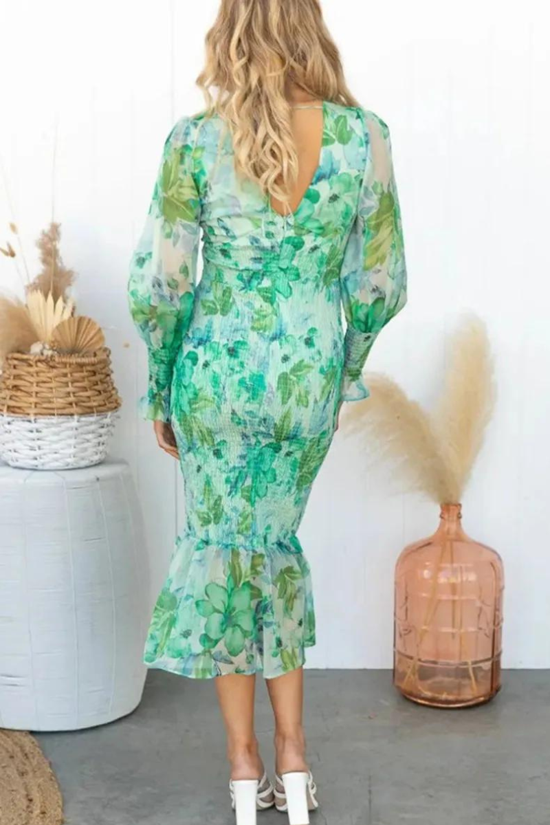 Floral Print Deep V-Neck Balloon Sleeve Smocked Trumpet Hem Midi Dress 8