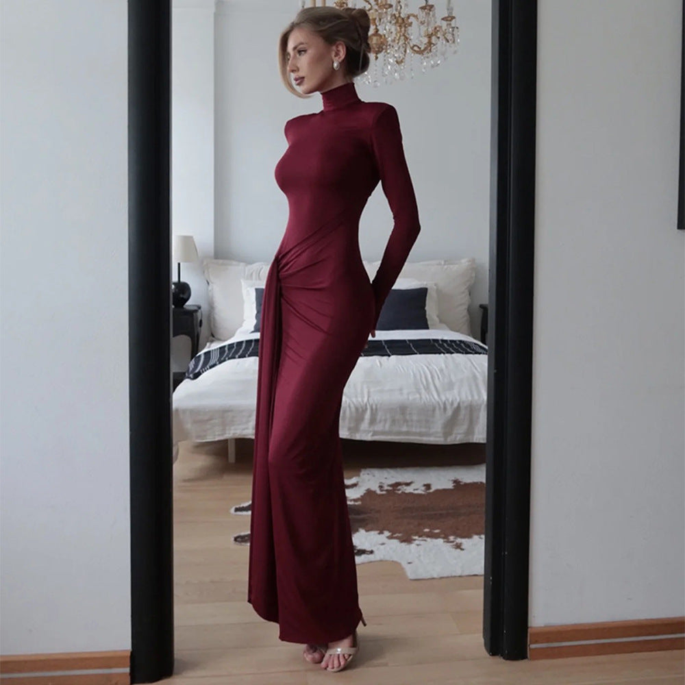 Mock Neck Long Sleeve Hip Knot Draped Panel Column Maxi Dress 2
