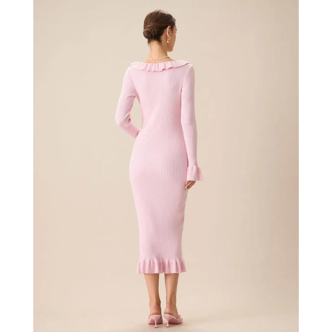 Ruffle Trim Scoop Neck Button Front Rib Knit Midi Dress 3